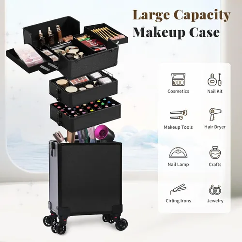 Miniatura 8 de Estuche Profesional de Maquillaje Enrollable con Tapa, Estuche de Cosmetología 5 en 1 con Ruedas, Organizador de Equipaje Cosmético Grande