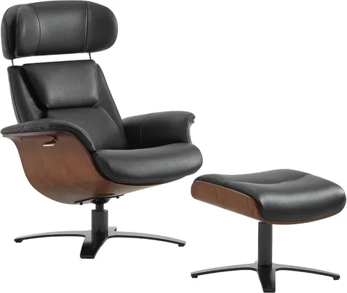 CHITA Silla giratoria reclinable de cuero genuino con reposacabezas ajustable y otomana para sala de estar, color negro
