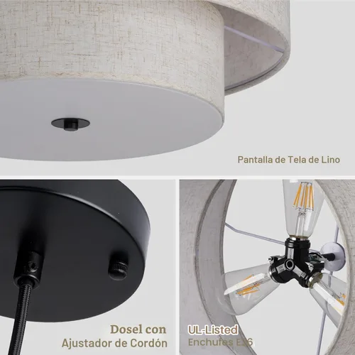 Miniatura 3 de Lámpara Colgante de Tela de Doble Tambor Moderna de 18", Lámpara de Araña Colgante Grande para Techo con Pantalla de Tela de Doble Capa, Ideal