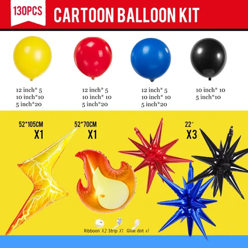 Miniatura 7 de Kit de guirnalda de globos rojos, amarillos, azules y negros de 130 piezas con globos de mylar con destello de rayo de fuego Starburst para Amarillo