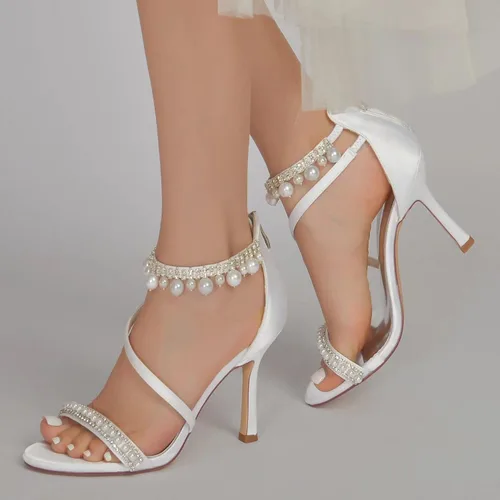 Miniatura 6 de Zapatos de novia para mujer, con puntera abierta, tacón alto, correa en el tobillo, zapatos de vestir, informales, formales, para bodas, fiestas