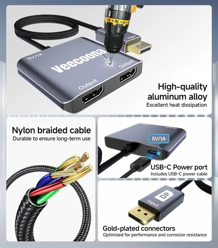 Miniatura 7 de Adaptador DisplayPort a Dual HDMI 1 entrada y 2 salidas 4K60Hz, divisor de puerto de pantalla extendida de DP a HDMI para monitores duales