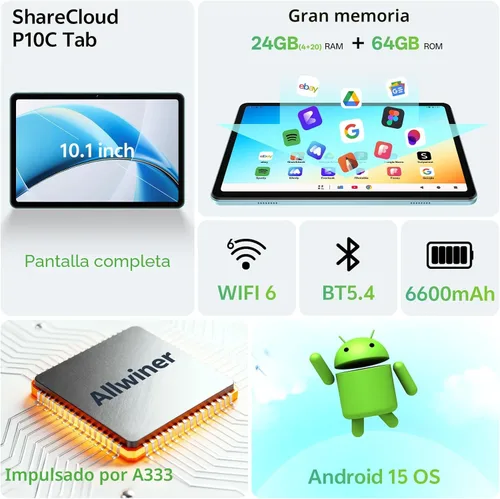Miniatura 2 de Tablet de 10.1 pulgadas, tableta Android 15 con funda, 24 GB de RAM + 64 GB de ROM 1 TB expandible, pantalla táctil HD IPS de 1280 x 800, batería