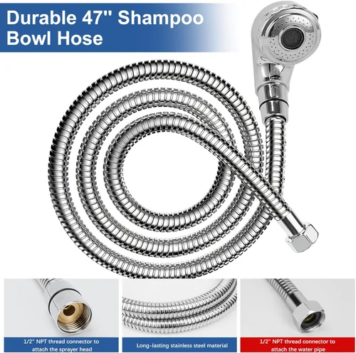 Miniatura 7 de Kit de rociador de manguera de tazón de champú con conector G1/2 pulgadas, manguera de champú de acero inoxidable de 47 pulgadas con cabezal