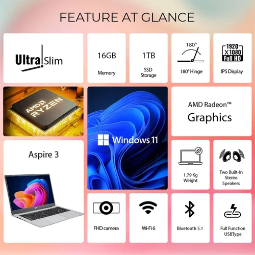 Miniatura 2 de Laptop Acer Aspire 3 Premium con teclado retroiluminado CPU AMD Ryzen 5 7430U Pantalla FHD IPS de 15.6 pulgadas 16 GB RAM 1 TB SSD PCIe