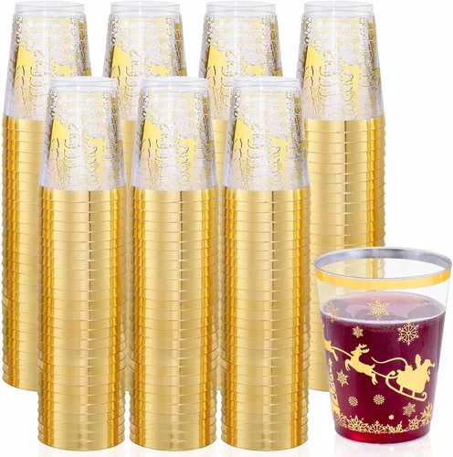 supernal 100 vasos para fiestas navideñas, vasos de plástico dorados con diseño navideño, vasos para fiestas de plástico, vasos desechables, vasos