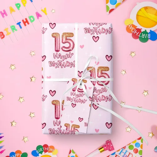 Miniatura 5 de RUSPEPA Papel de regalo de cumpleaños número 15 para niña, corazones y globos rosas del número 15, diseño de feliz cumpleaños, 15 años, mini rollo