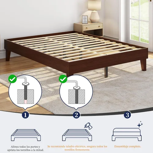 Miniatura 4 de Yaheetech Base de cama Queen con plataforma de madera maciza natural con soporte de listones de madera, espacio debajo de la cama de 7.3 pulgadas