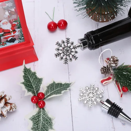 Miniatura 7 de Whaline Tapón de vino de copo de nieve de 4 piezas, tapón decorativo de Navidad, tapón de botella de metal para bebidas y cerveza para mantener
