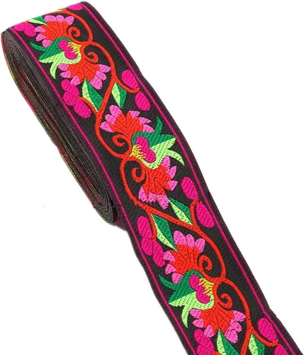 7 yardas 2 pulgadas tulipán bordado floral jacquard cinta vintage tejido tapicería de tela para decoración del hogar adorno (negro)