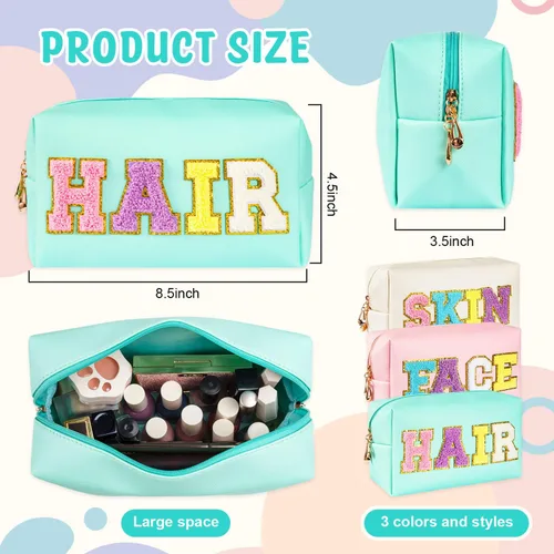 Miniatura 2 de Bolsa de maquillaje de chenilla, 3 piezas, de piel sintética, impermeable, con parches de cremallera de nailon, organizador de maquillaje, para mujer