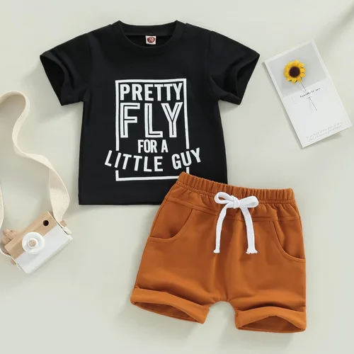 Miniatura 15 de Conjunto de traje de verano para bebé niño pequeño, manga corta, cuello redondo, letras impresas, lindo traje de verano, conjunto de 2 piezas
