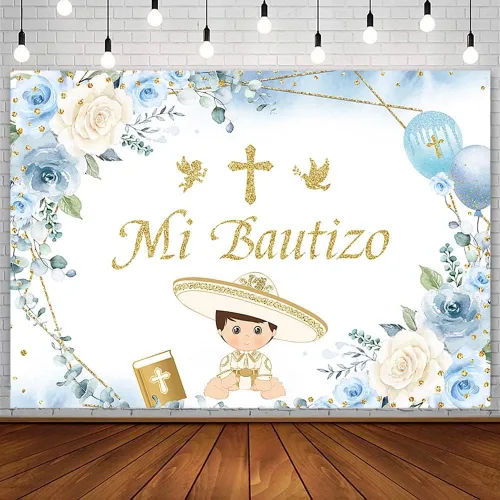 AIBIIN Telón de fondo Mi Bautizo de 7 x 5 pies, suministros de decoración de fiesta de bautizo, globo floral azul, cruz dorada, ángel de fotografía,