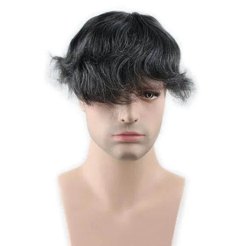 Miniatura 2 de Toupee para hombre 10 × 8 "cabello humano 1B mezcla 20% pelo sintético gris piel fina postizo sistema de reemplazo de pelo base de red monofilamento