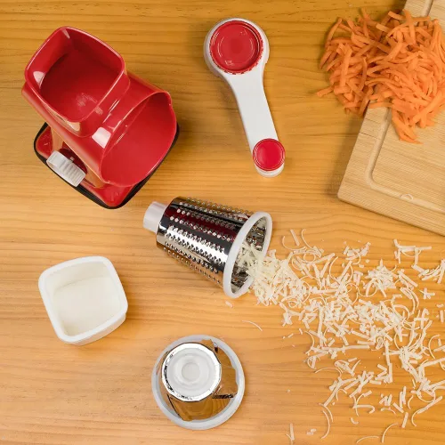 Miniatura 6 de Badelite Rallador de Queso con Manivela Giratoria Triturador de Queso Giratoria de Acero Inoxidable Cortador de Verduras para Cocina 3 Cuchillas Rojo