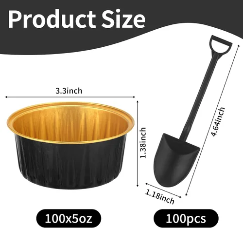Miniatura 6 de Paquete de 100 mini moldes para pasteles con tapas para hornear con cucharas (negro y dorado)