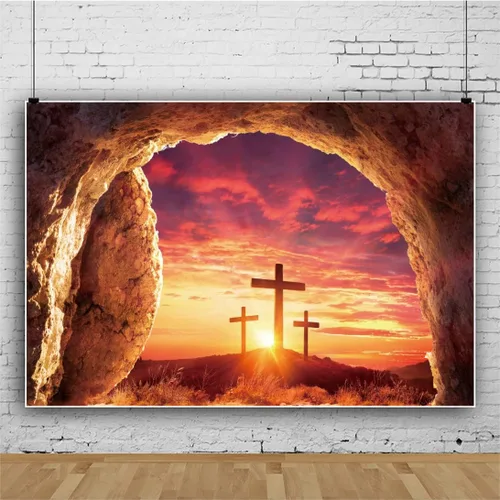 Miniatura 3 de Fondo de fotografía de tumba vacía de 6 x 4 pies, puesta de sol con luz sagrada, tres cruces en la montaña, Jesucristo, agujero de piedra, telón