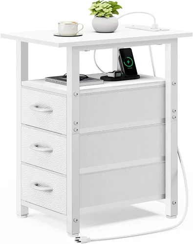 Miniatura 16 de Vagusicc Mesita de noche negra con estación de carga y luces LED, mesa auxiliar estrecha, mesita de noche LED con 3 cajones de tela para dormitorio