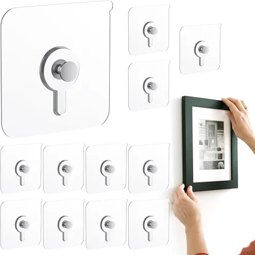 12 ganchos para colgar fotos sin clavos, carga de 20 libras, ganchos para colgar fotos, ganchos adhesivos impermeables para baño, cocina, ganchos