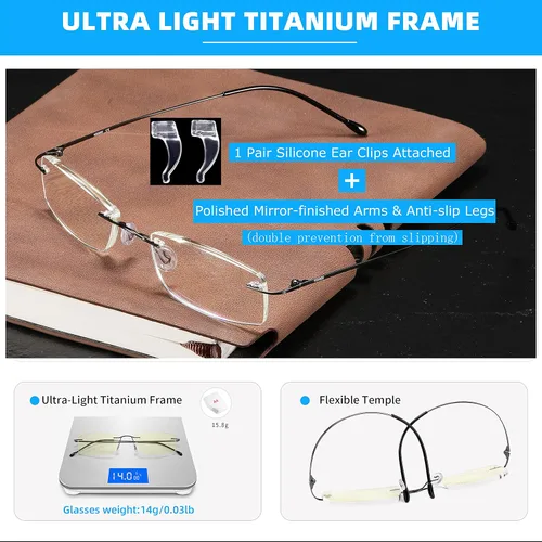 Miniatura 4 de Anteojos de lectura sin montura de titanio, bloqueo de luz azul, ultraligeros sin marco, bisagra de resorte con funda para hombres y mujeres, 1 par