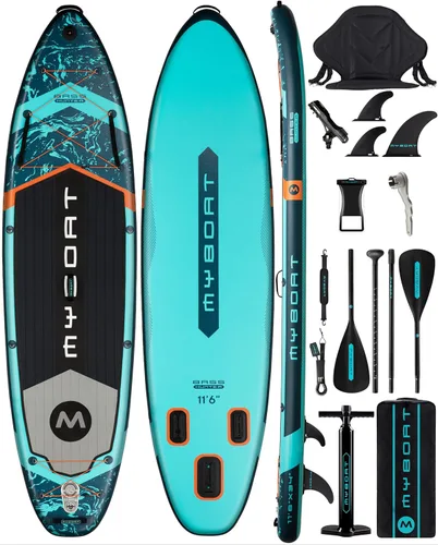 Miniatura 15 de MYBOAT Tabla de remo inflable extra ancha de 11 pies y 6 pulgadas x 34 pulgadas x 6 pulgadas, tabla de remo de pie para pesca, tabla de sup con 3