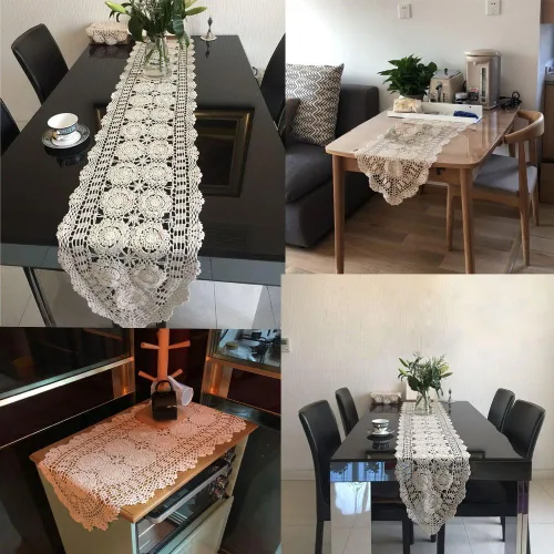Miniatura 2 de KEPSWET Camino de mesa ovalado de encaje de ganchillo hecho a mano de algodón para mesa de café, mesa de café, soporte de TV, decoración beige 14 x