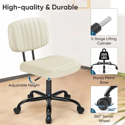 Miniatura 4 de DUMOS Silla pequeña de escritorio de oficina, piel sintética sin brazos con cómodo soporte lumbar, altura ajustable para no tener brazos, para Beige