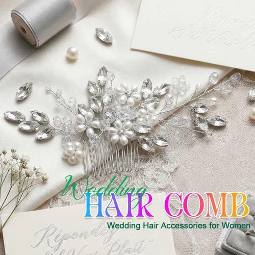 Miniatura 2 de Unicra Peine para el cabello de boda con flores de novia, peine lateral plateado, accesorio para el cabello para mujeres y niñas (dorado)