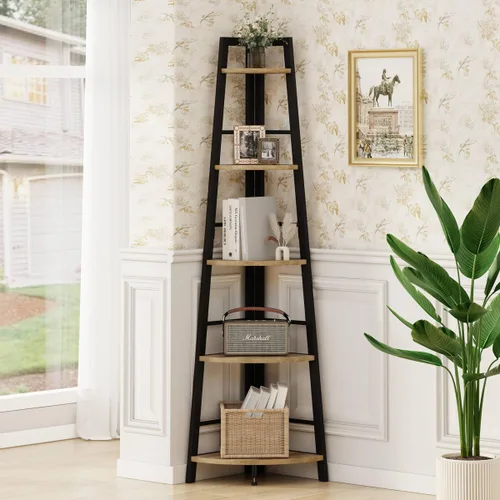 Miniatura 10 de BON AUGURE Estantería Esquinera de Escalera, Librero Esquinero de Madera y Metal Negro de 5 Niveles, Unidad de Estantería Estrecha y Alta