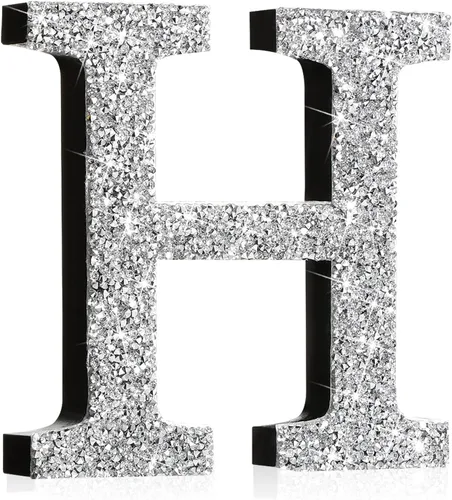 Miniatura 46 de Qunclay Letras brillantes de cristal plateado de 5.7 pulgadas, decoración de diamantes triturados, letra de madera con purpurina con tornillo