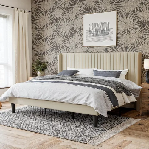 Miniatura 16 de GOLDORO Base de cama tapizada de tamaño matrimonial con cabecera de ala capitonada de canal vertical, soporte de listones de madera, no necesita