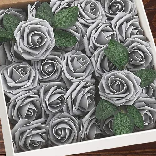 Miniatura 19 de Higfra Flores artificiales, 25 rosas falsas de espuma de aspecto real con tallos para ramos de boda, centros de mesa de despedida de soltera, Brillo