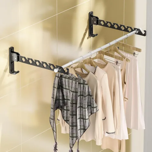 Miniatura 11 de Dr.DJ Soporte para colgar abrigos de pared, organizador de secado de ropa negra, ganchos de aluminio, retráctiles, plegables, para interiores