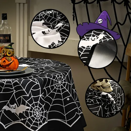 Miniatura 4 de MikiUp Mantel redondo de Halloween, mantel decorativo de tela de araña, impermeable y lavable, para fiestas, cocina, comedor, interiores
