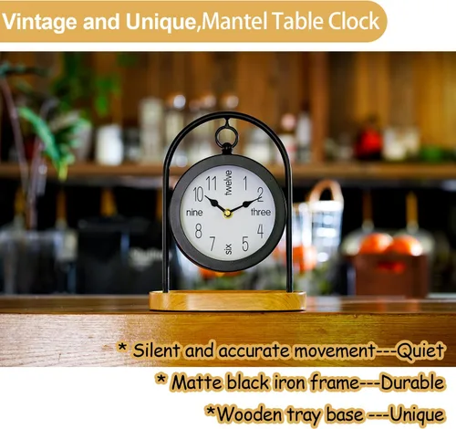 Miniatura 3 de Reloj de escritorio de metal negro con base de madera, reloj de mesa decorativo para sala de estar, relojes de repisa silenciosos, decoración