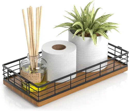 Miniatura 11 de Cesta de papel higiénico de acacia, bandeja de 13 pulgadas para almacenamiento de artículos de aseo en la parte superior del inodoro, organizador