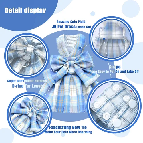 Miniatura 7 de PETCARE Vestido de Perro a Cuadros con Corbata de Moño y Arnés Correa para Perros Pequeños, Gatos, Niñas, Lindos Vestidos de Princesa para Perros