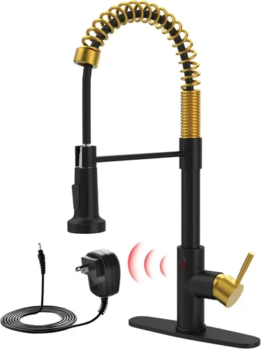 GIMILI Grifo de cocina sin contacto negro y dorado con adaptador AC, grifo de fregadero de cocina manos libres con sensor de movimiento inteligente