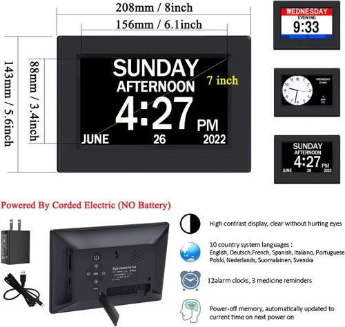 Miniatura 2 de AINFTIME Reloj DST con día y fecha para ancianos, 3 pantallas, calendario digital, alarma, día, demencia, Alzheimer, reloj con pantalla extragrande
