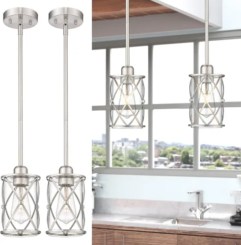 CH9176BN-2PK - Paquete de 2 lámparas colgantes de níquel cepillado para isla de cocina, mini lámparas colgantes de vidrio con vidrio transparente,