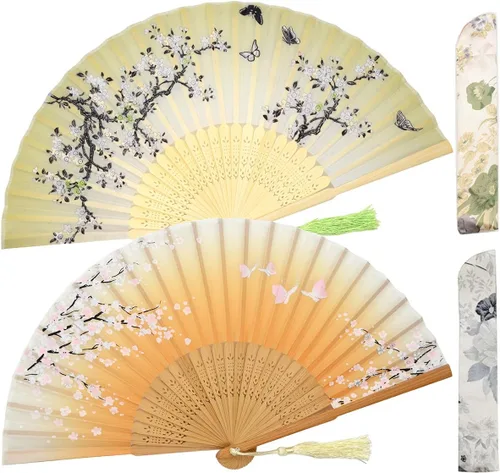 Abanicos de mano plegables pequeños para mujer, 2 abanicos chinos japoneses de seda de bambú vintage, para baile, festival de música, boda, fiesta,