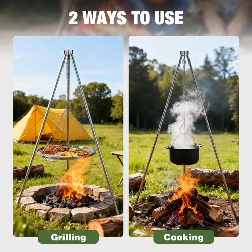 Miniatura 8 de Parrilla Trípode para Fogata para Cocinar, Parrilla Trípode de Fuego para Acampar de Acero Inoxidable Duradera con Rejilla de Parrilla y Bolsa