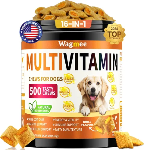 Multivitamínico para perros, 500 masticables crujientes y sabrosos, apoya la energía diaria, la salud del corazón, la piel y el pelaje con taurina,