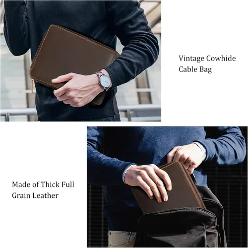 Miniatura 6 de Polare - Organizador de cables de viaje de cuero de grano completo, bolsa de transporte para accesorios electrónicos con cremalleras YKK, bolsa