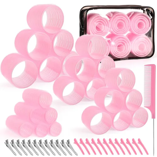 obeoby - Juego de rodillos de autoagarre de 4 tamaños para cabello largo, corto y flequillo - 50 piezas con pinzas (1 pulgada, 1.4 pulgadas, 1.9 Rosa