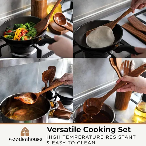 Miniatura 7 de Woodenhouse - Cucharas de madera para cocinar, juego de utensilios de cocina de madera con soporte, soporte para cuchara y ganchos, utensilios