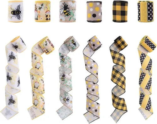 Miniatura 2 de 6 rollos de cinta de abeja de 30 yardas, cinta de borde con cable, cinta de miel para envoltura de manualidades de primavera y verano, rayas de 2.5