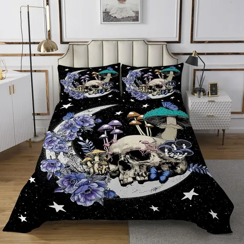 Miniatura 2 de Star Moon Mushroom Bedspread Queen Size Boho Sugar Skull Coverlet Set 3pcs for Kids Girls Boys Youth Bedroom Decor Exotic Plants Bedding Sets Purple