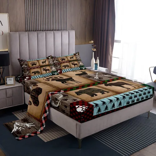 Miniatura 10 de Juego de sábanas rústicas de granja tamaño individual, juego de ropa de cama de retazos a cuadros de ciervo, lobo y patas, para niños y niños, juego