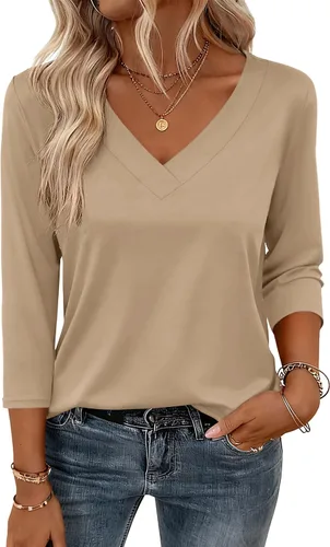 Miniatura 19 de Zeagoo Camisetas de manga 3/4 para mujer, cuello en V, blusa casual elegante, camisetas básicas 2026, ropa de moda S-2XL